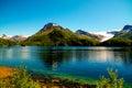 Panorama view to Nordfjorden and Svartisen glacier, Meloy, Norway