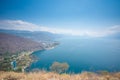 Panorama view to the village Panajachel at the lake Atitlan with amazing volcanos - Guatemala