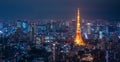 Panorama view of Tokyo Tower and Tokyo Cityscape from Roppongi Hills at night in Tokyo Royalty Free Stock Photo