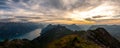 panorama view from a the top of a mountain to lake during sunset, brienzer rothorn switzerland alps Royalty Free Stock Photo