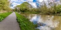 A panorama view towards the Aylestone Mill lock on the Grand Union Canal in Aylestone Meadows, Leicester, UK