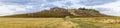 A panorama view towards Precambrian rock outcrops and the war memorial in Bradgate Park, Leicestershire, UK