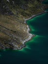 Panorama view of turquoise blue andean volcano caldera crater lake Quilotoa rim ridge loop in Cotopaxi Ecuador andes Royalty Free Stock Photo