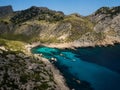 Panorama view of turquoise bright blue water tropical beach bay cove Cala Figuera Formentor Mallorca Majorca Spain