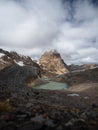 Panorama view of turquoise Cordillera Huayhuash Circuit alpine andes mountain lake Trapecio Ancash Peru South America