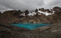 Panorama view of turquoise Cordillera Huayhuash Circuit alpine andes mountain lake Trapecio Ancash Peru South America