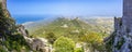 A panorama view between two towers of in Kantara Castle over the Mesaoria Plain, Northern Cyprus