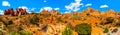 Panorama View of the Unique Red Sandstone Pinnacles and Rock Fins at Devil`s Garden in Arches National Park