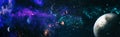 Panorama view universe space. Cosmic landscape, beautiful science fiction wallpaper with endless deep space. Elements of this Royalty Free Stock Photo