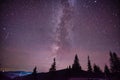 Panorama view universe space shot of milky way galaxy with stars on a night sky with Pine Trees Silhouette Royalty Free Stock Photo