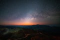Panorama view universe space shot of milky way galaxy with stars on night sky background at mountains landscape Thailand Royalty Free Stock Photo