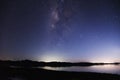 Panorama view universe space shot of milky way galaxy with stars on a night sky and lake in background Royalty Free Stock Photo