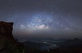 Panorama view universe space shot of milky way galaxy with stars on a night sky and mountain in background Royalty Free Stock Photo