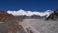 Panorama view of the upper Gokyo valley with Ngozumpa glacier and the mighty mountain Cho Oyu in the Himalayas, Nepal. Royalty Free Stock Photo