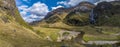 A panorama view from the upper reaches of the valley wall towards the Steall Waterfall in Glen Nevis, Scotland Royalty Free Stock Photo