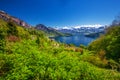 Panorama view of village Vitznau, lake Lucerne (Vierwaldstattersee) and Swiss Alps near Lucerne city, Switzerland