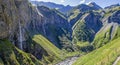 Panorama view of the waterfall areana in the Weisstannental in the Swiss Alps