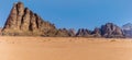 A panorama view of a wind eroded mountain landscape in Wadi Rum, Jordan