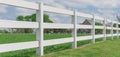 Panoramic long wooden white fence to horizontal line in cloud blue sky at farmland in Ennis, Texas, USA Royalty Free Stock Photo