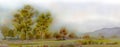 Panorama view yellow green trees field watercolor landscape paintings mountain sky background Royalty Free Stock Photo