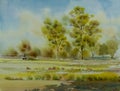 Panorama view yellow green trees field watercolor landscape paintings Royalty Free Stock Photo