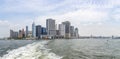 Panorama with views of Manhattan with both ferry terminals and the Brooklyn Bridge, New York, United States Royalty Free Stock Photo
