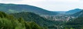 Panorama of the village in Carpathian valley. Famous resort city Yaremche in Ukraine Royalty Free Stock Photo