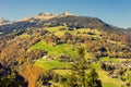 Panorama of the village of VÃ¤ttis and bridge against the background of the Swiss Alps at sunset Royalty Free Stock Photo