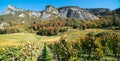 Panorama vineyard and mountain landscape in the Swiss Alps in autumn in fall colors