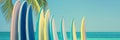 Panorama of vintage colorful surfboards on a tropical beach with palm tree Royalty Free Stock Photo