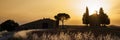 Panorama of Vitaleta Chapel at sunset, Tuscan landscape near San Quirico d`Orcia, Siena, Tuscany Italy Royalty Free Stock Photo