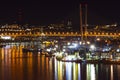 panorama of Vladivostok at night - a fishing port, ships, piers, the Golden Bridge, from the viewpoint of the Krestovaya hill Royalty Free Stock Photo