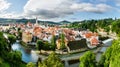 Panorama of Vltava river bend and Cesky Krumlov old town with St. Vitus church, Cesky Krumlov, Czech Republic