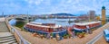 Panorama of Vltava River embankment with Sitkov Water Tower and Jirasek Bridge, Prague, Czech Republic Royalty Free Stock Photo