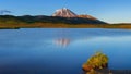 Panorama volcano landscape - reflection of mountains in alpine lake