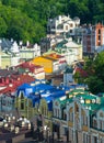 Panorama of Vozdvizhenska and Honcharna street in the Podol district in Kiev city Royalty Free Stock Photo