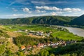 Panorama of Wachau valley Danube river near Duernstein village in Lower Austria Royalty Free Stock Photo