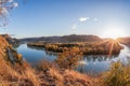 Panorama of Wachau valley (UNESCO) during autumn with Danube river near the Durnstein village in Lower Austria, Austria Royalty Free Stock Photo