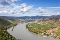 Panorama of Wachau valley (Unesco) with ship on Danube river against Duernstein village in Lower Austria, Royalty Free Stock Photo