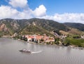 Panorama of Wachau valley (Unesco) with ship on Danube river against Duernstein village in Lower Austria, Royalty Free Stock Photo