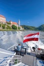 Panorama of Wachau valley Unesco world heritage site with ship on Danube river against Durnstein village in Lower Austria, Royalty Free Stock Photo