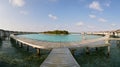 Panorama of water bungalows in hotel on Maldives. Villas on Indian ocean at luxury spa resort. Royalty Free Stock Photo