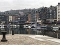 Panorama of waterfront with beautiful medieval old houses in Honfleur, Normandy, Normandie, France