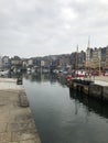 Panorama of waterfront with beautiful medieval old houses in Honfleur, Normandy, Normandie, France