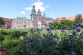 Panorama of Wawel Castle against the background of bright summer flowers on a sunny day, Krakow Royalty Free Stock Photo