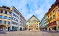 Panorama of Weinmarkt square with historical ornate guild houses with frescoes, on March 30 in Lucerne, Switzerland