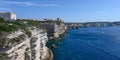Panorama of the white limestone cliffs and Bonifacio Corsica, sea and blue sky Royalty Free Stock Photo