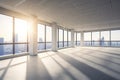 Panorama of a white office in the rays of the sun overlooking the city. Generative ai Royalty Free Stock Photo
