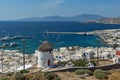 Panorama of white windmill and island of Mykonos, Greece Royalty Free Stock Photo