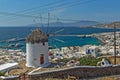 Panorama of white windmill and island of Mykonos, Greece Royalty Free Stock Photo